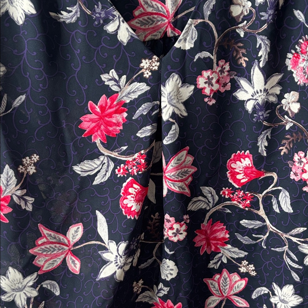 Daniel Rainn Navy Floral V-Neck Short Sleeve Blouse with Pink & White Flowers - Picture 5 of 10